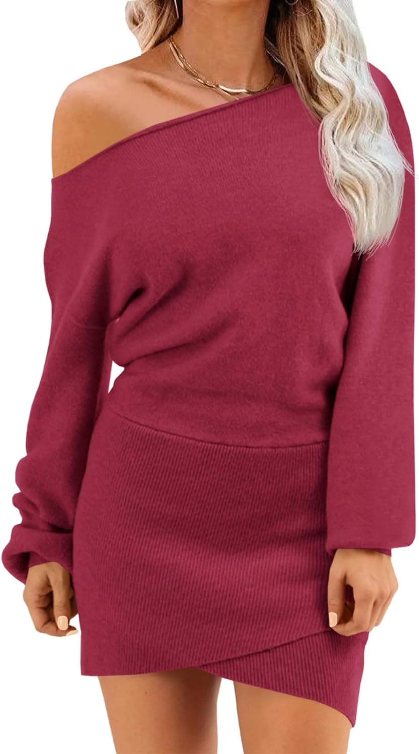 Wenrine Women's Off The Shoulder Sweater Dress 2025 Fall Winter Casual Long Sleeve Knit Slim Fit Pullover Mini Dresses