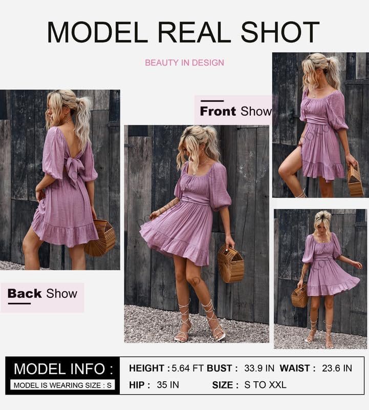 Dokotoo Womens Summer Dresses Square Neck Tie Back Lantern Sleeve Ruffle A-Line Casual Dress