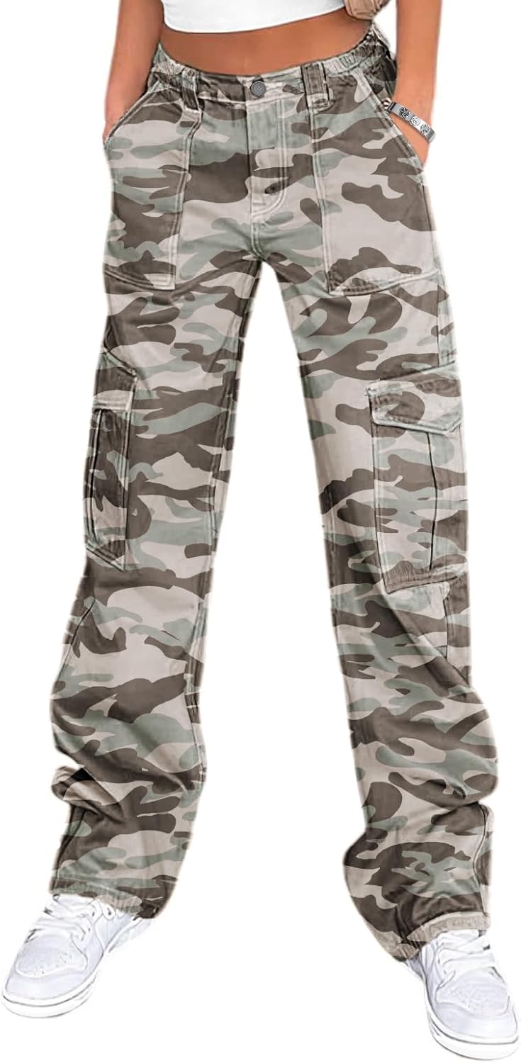 Lepunuo Cargo Pants for Women High Waisted Casual Pants Baggy Stretchy Wide Leg Y2K Streetwear with 6 Pockets