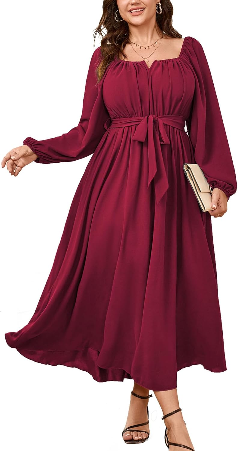 SCOMCHIC Women Plus Size Maxi Dress Long Sleeve Square Neck Wedding Guest Cocktail Belted Elegant Flowy A Line Long Dresses