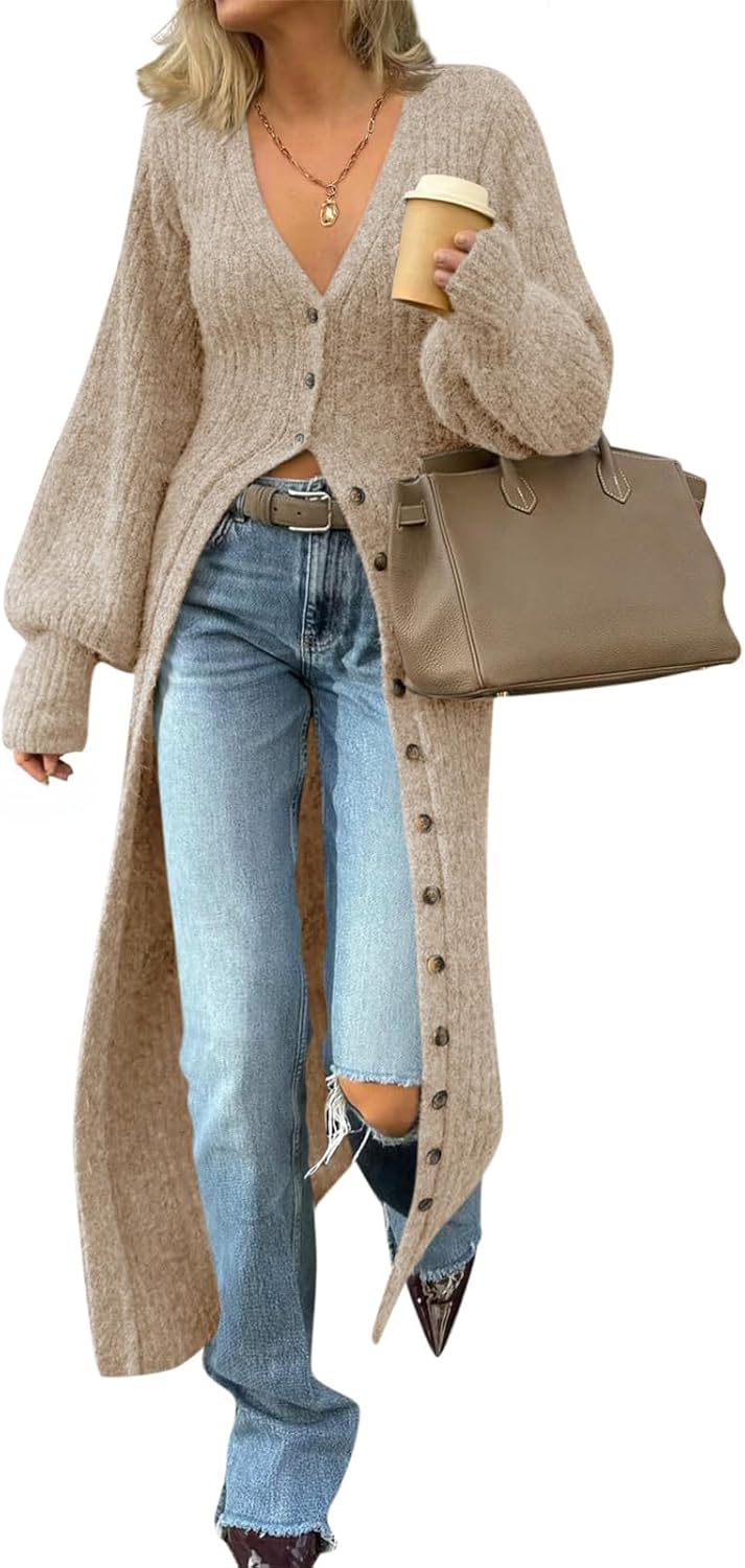 Saodimallsu Womens Long Cardigans V Neck Button Down Chunky Knit Dusters Sweater Coat Fall Trendy Maxi Sweater Dress