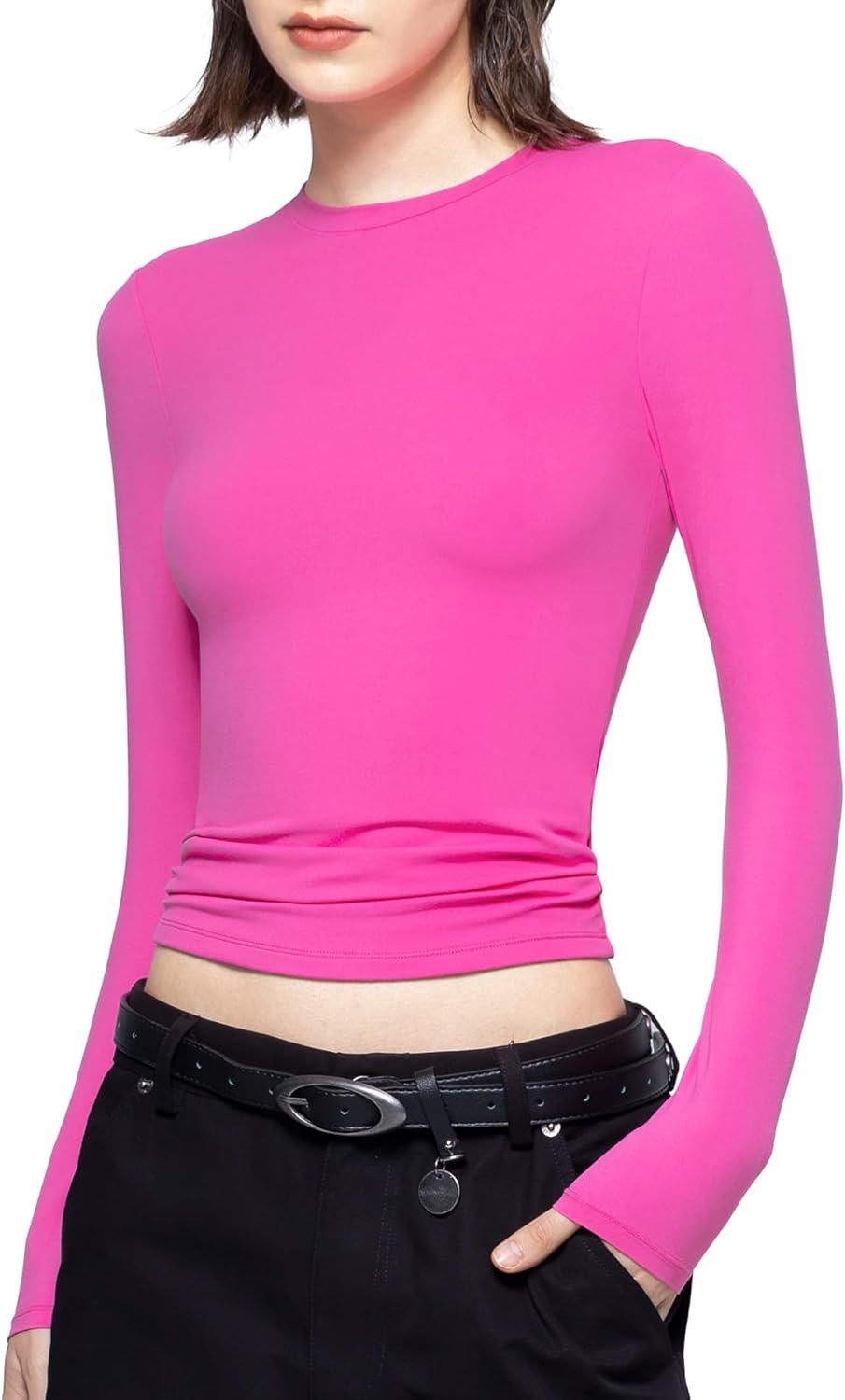 PUMIEY Women's Long Sleeve T Shirts Crew Neck Slim Fit Tops Sexy Basic Tee Smoke Cloud Pro Collection