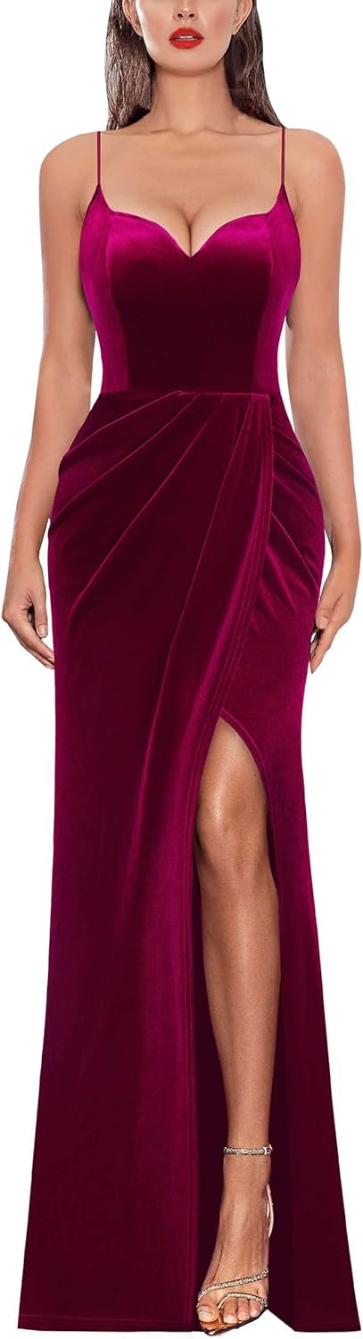 VFSHOW Womens Sexy Formal Ruched Fitted High Slit Bodycon Maxi Dress Spaghetti Strap Sweetheart Cocktail Prom Evening Gown