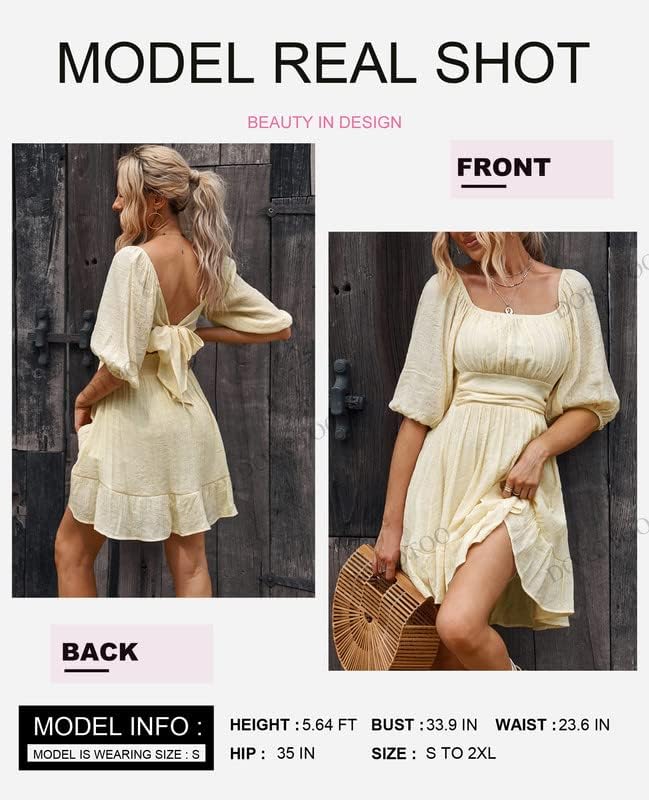 Dokotoo Womens Summer Dresses Square Neck Tie Back Lantern Sleeve Ruffle A-Line Casual Dress