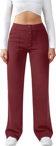 Womens Casual High Waist Straight Leg Pants Stretchy Button Business Dress Work Pocket Trousers