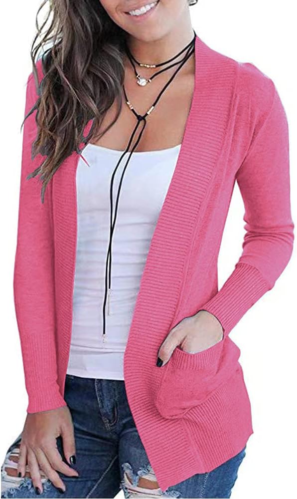 VOIANLIMO Women's Open Front Casual Long Sleeve Knit Classic Sweaters Cardigan with Pockets