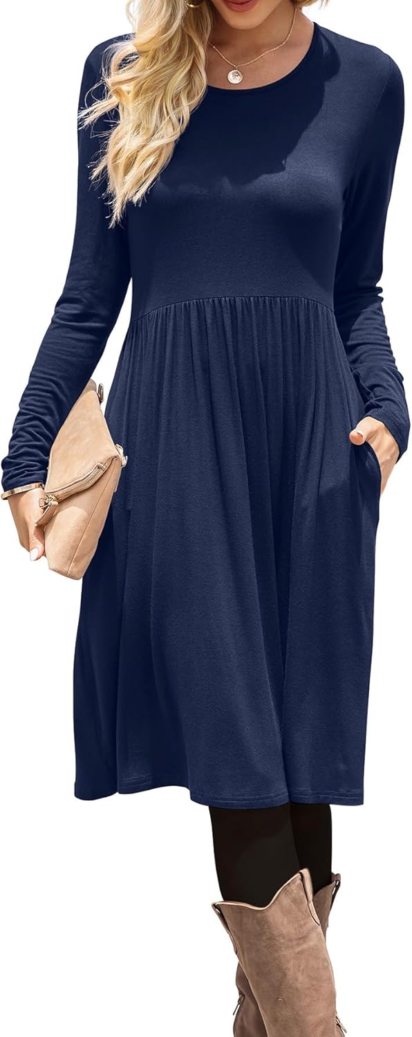 DB MOON Women Casual Long Sleeve Dresses Empire Waist Knee Length Loose Dress with Pockets