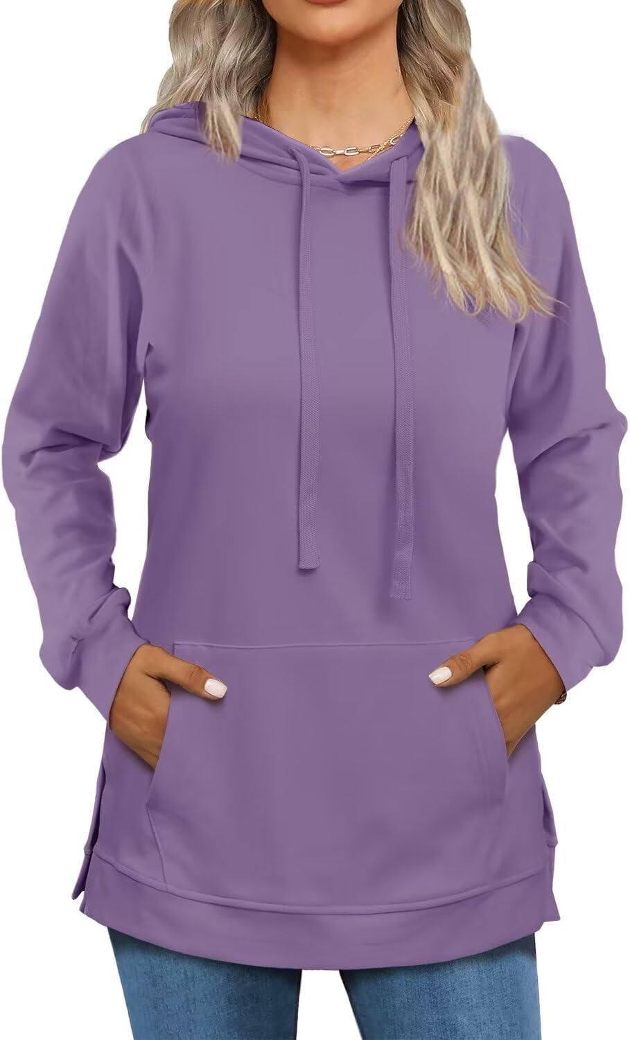 Beimuc Hoodies for Women Fashion Split Hem Drawstring Casual Long Sleeve Sweatshirts Tops with Pockets