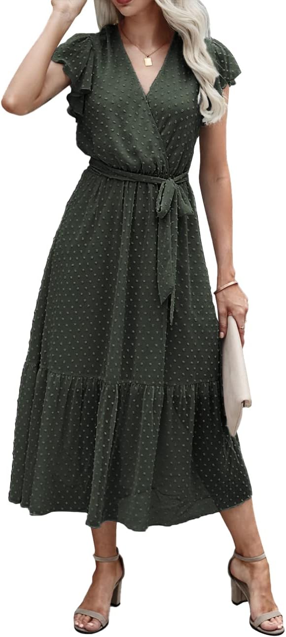 BTFBM Women Summer Bohemian Floral Casual Wrap V Neck Ruffle Cap Sleeveless Belt A-Line Pleated Hem Midi Sun Dress White