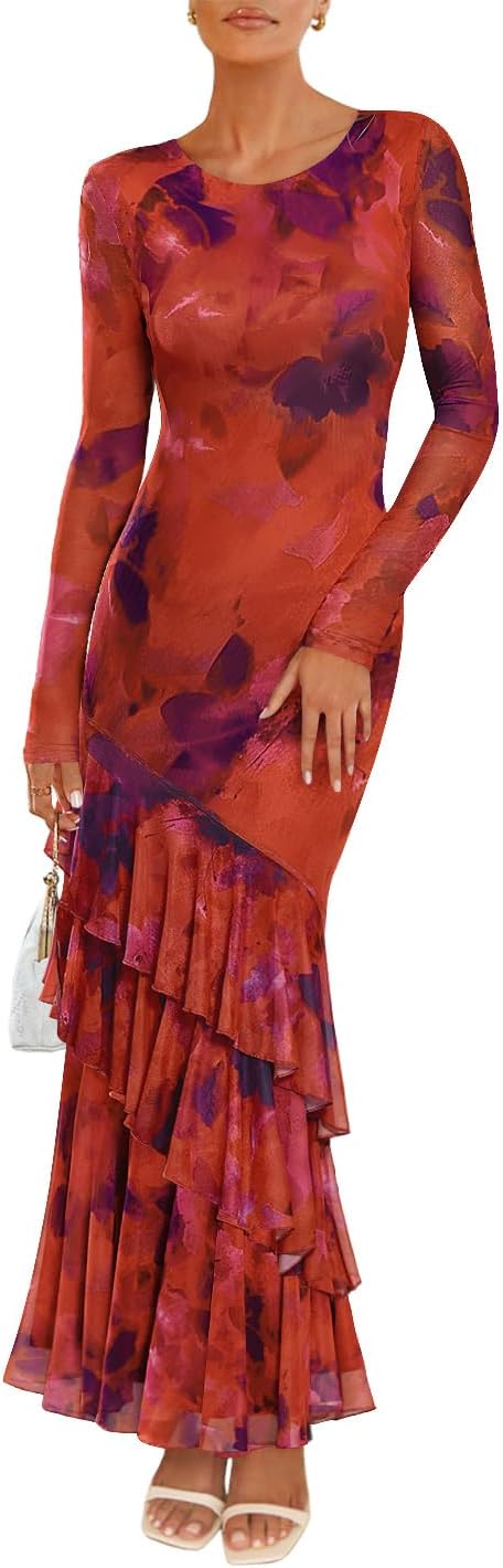 ZESICA Women's Fall Floral Wedding Guest Bodycon Dresses 2025 Long Sleeve Crewneck Mesh Ruffle Mermaid Party Maxi Dress