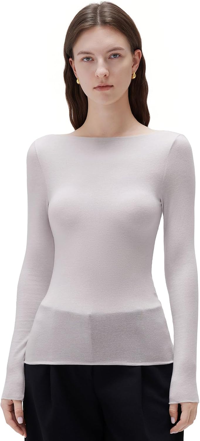 SUUKSESS Cloud Cashmere Women Boat Neck Fitted Long Sleeve Shirt Basic Knit Tops