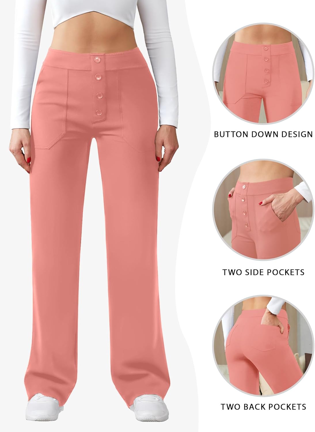 Womens Casual High Waist Straight Leg Pants Stretchy Button Business Dress Work Pocket Trousers