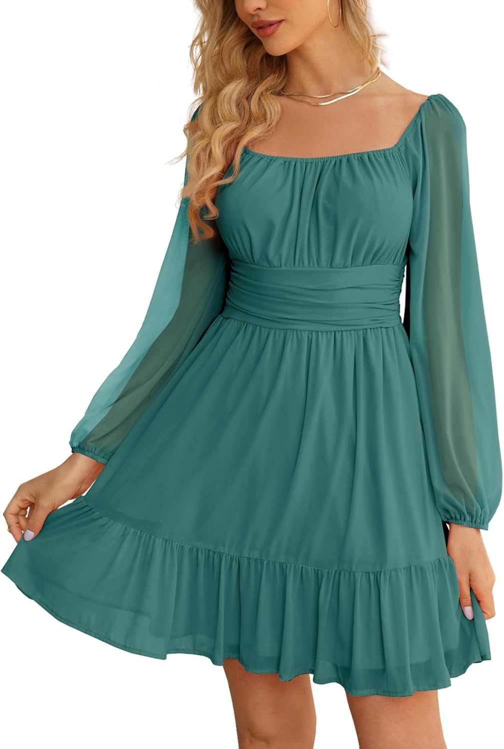 Wenrine Women's Mesh Long Sleeve Square Neck Dress High Waist A Line Ruffle Hem Flowy Casual Party Mini Dress