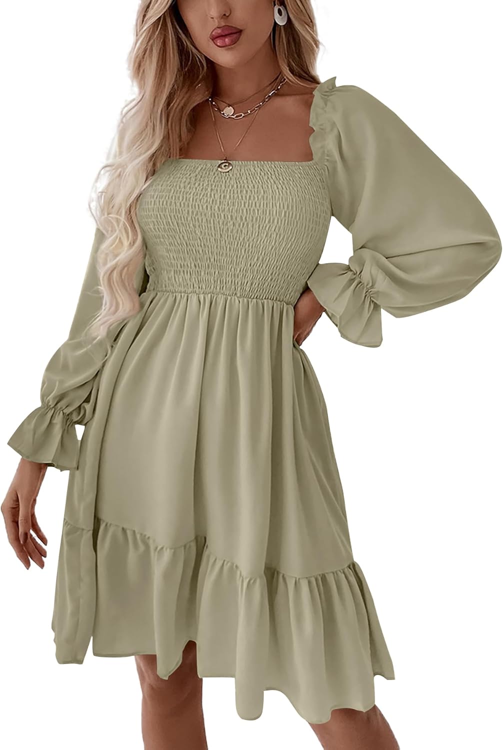 LYANER Women's Square Neck Lantern Long Sleeve Ruffle Shirred Flowy Party Mini Dress