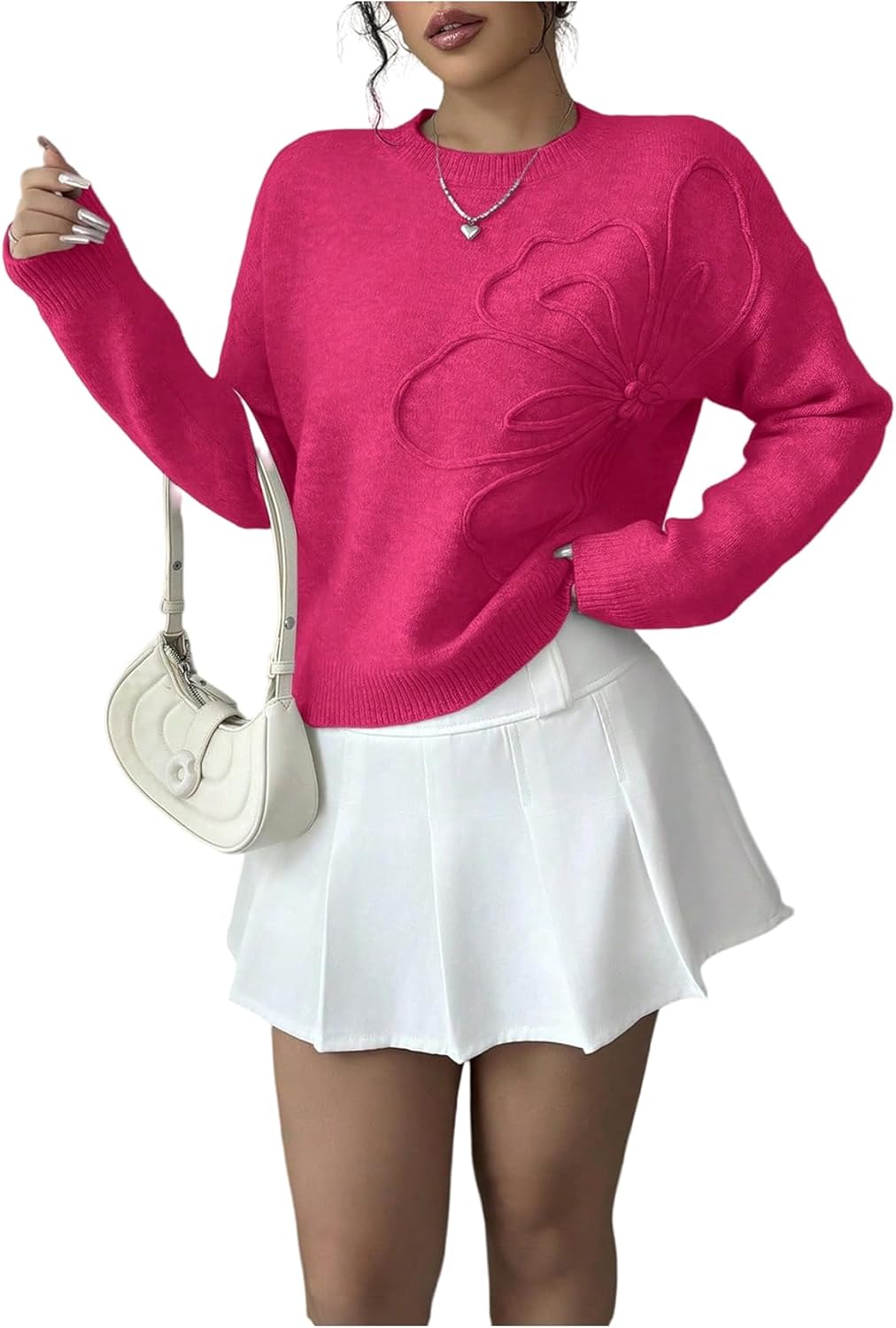 Women's 3D Floral Appliques Crewneck Sweaters Long Sleeve Drop Shoulder Pullovers Elegant Knit Tops