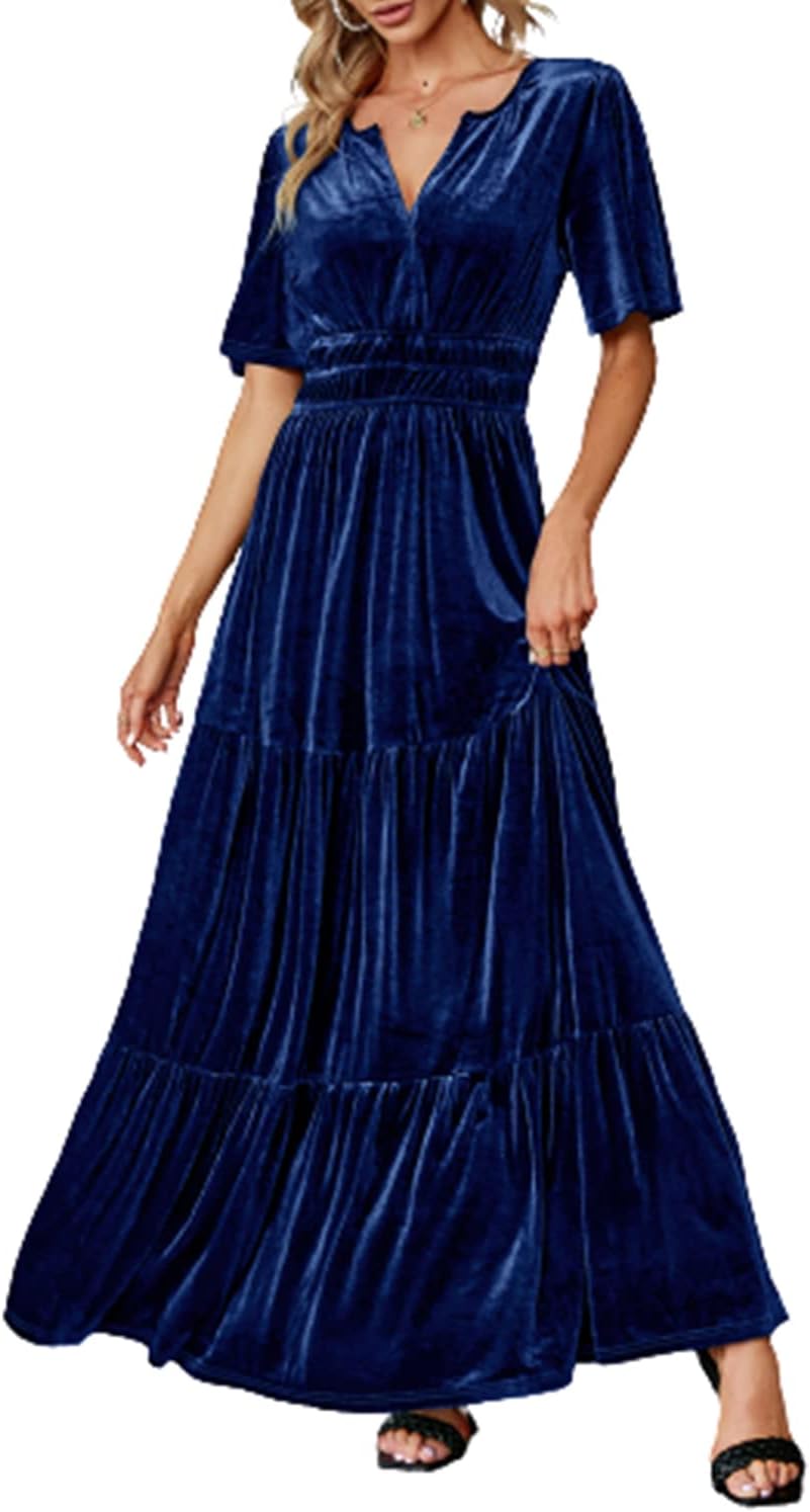 Amegoya Women's Velvet Short Sleeve V Neck Formal Wedding Guest Maxi Dresses Fall Evening Party Long Dresses
