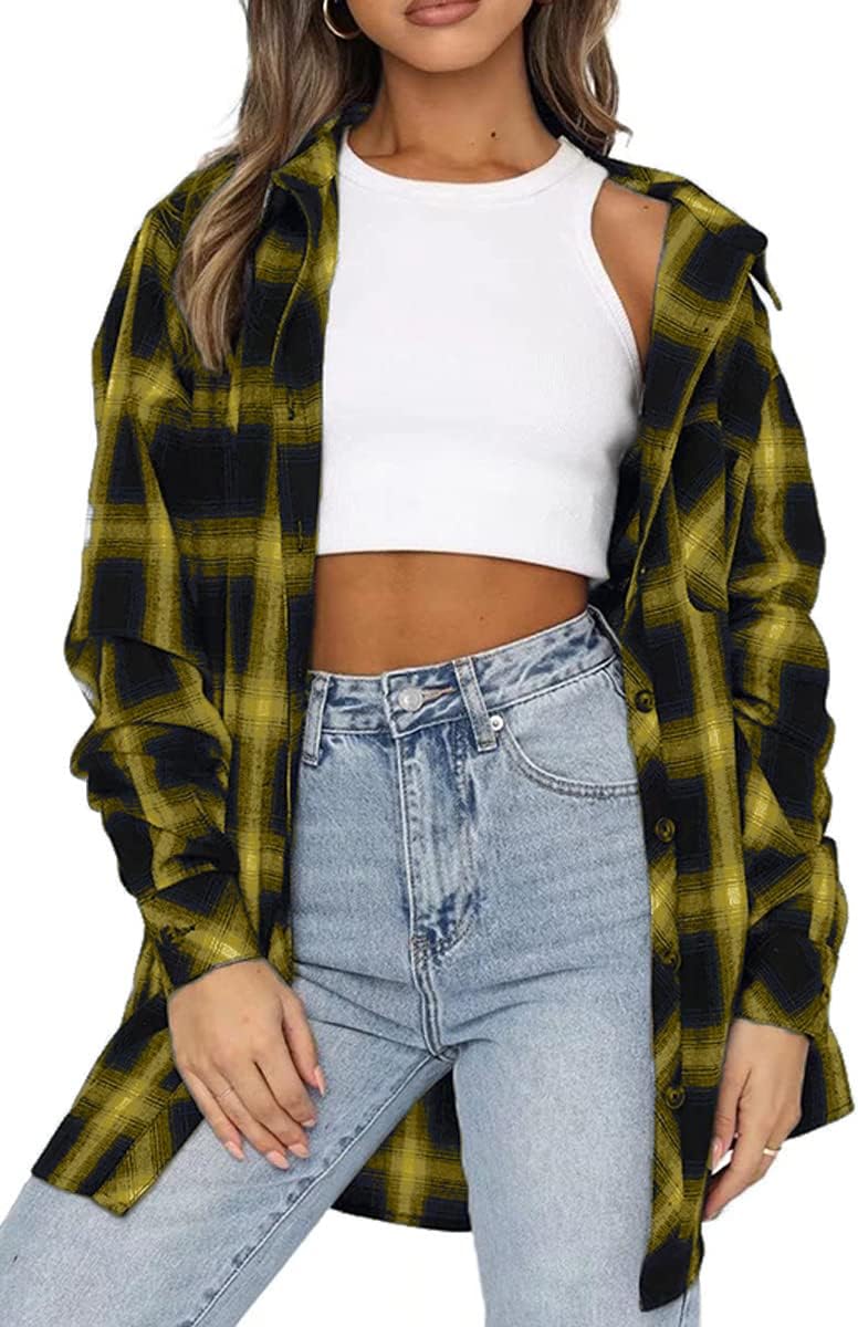CHYRII Womens Button Down Flannel Shirts Long Sleeve Plaid Shackets Business Casual Blouse Top
