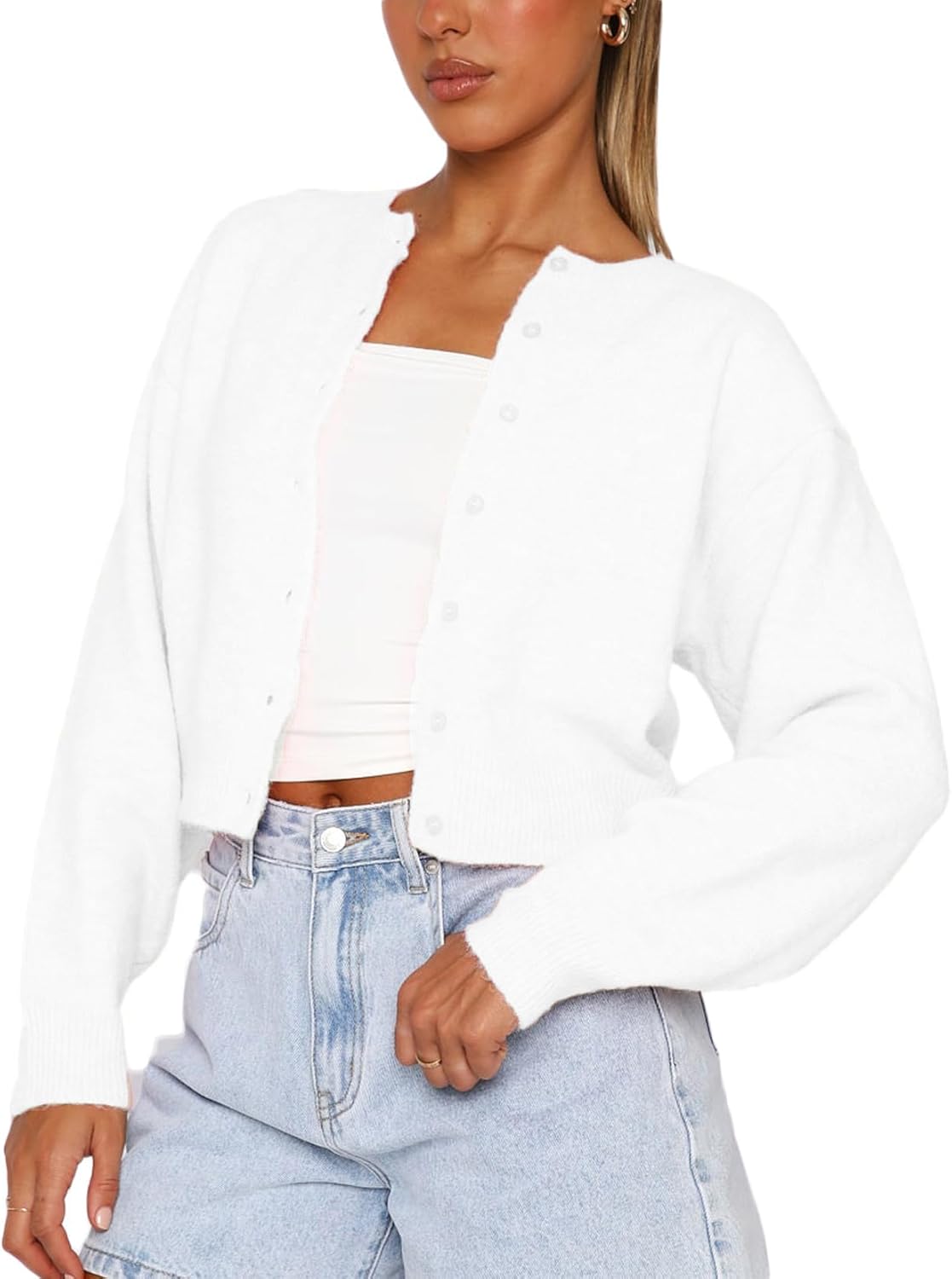 Women Y2K Button Front Crop Sweater Cardigan Solid Color Crew Neck Long Sleeve Knit Fall Tops Streetwear