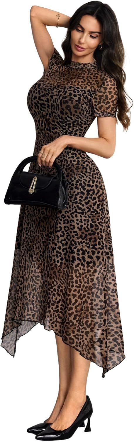 GothDark Women's 2025 Summer Floral Print Vintage Goth Dress Mesh Spliced Double-Layered Irregular Hemline Midi Dress