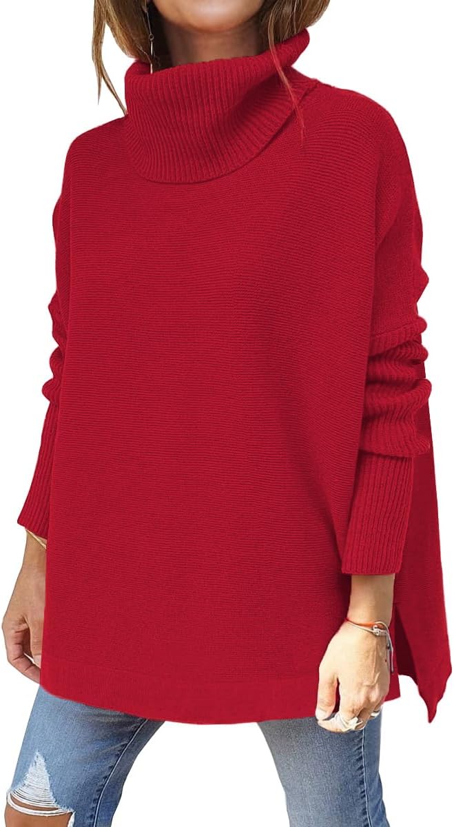 LILLUSORY Women's Turtleneck Oversized Sweaters Long Batwing Sleeve Spilt Hem Tunic Pullover Knit Tops