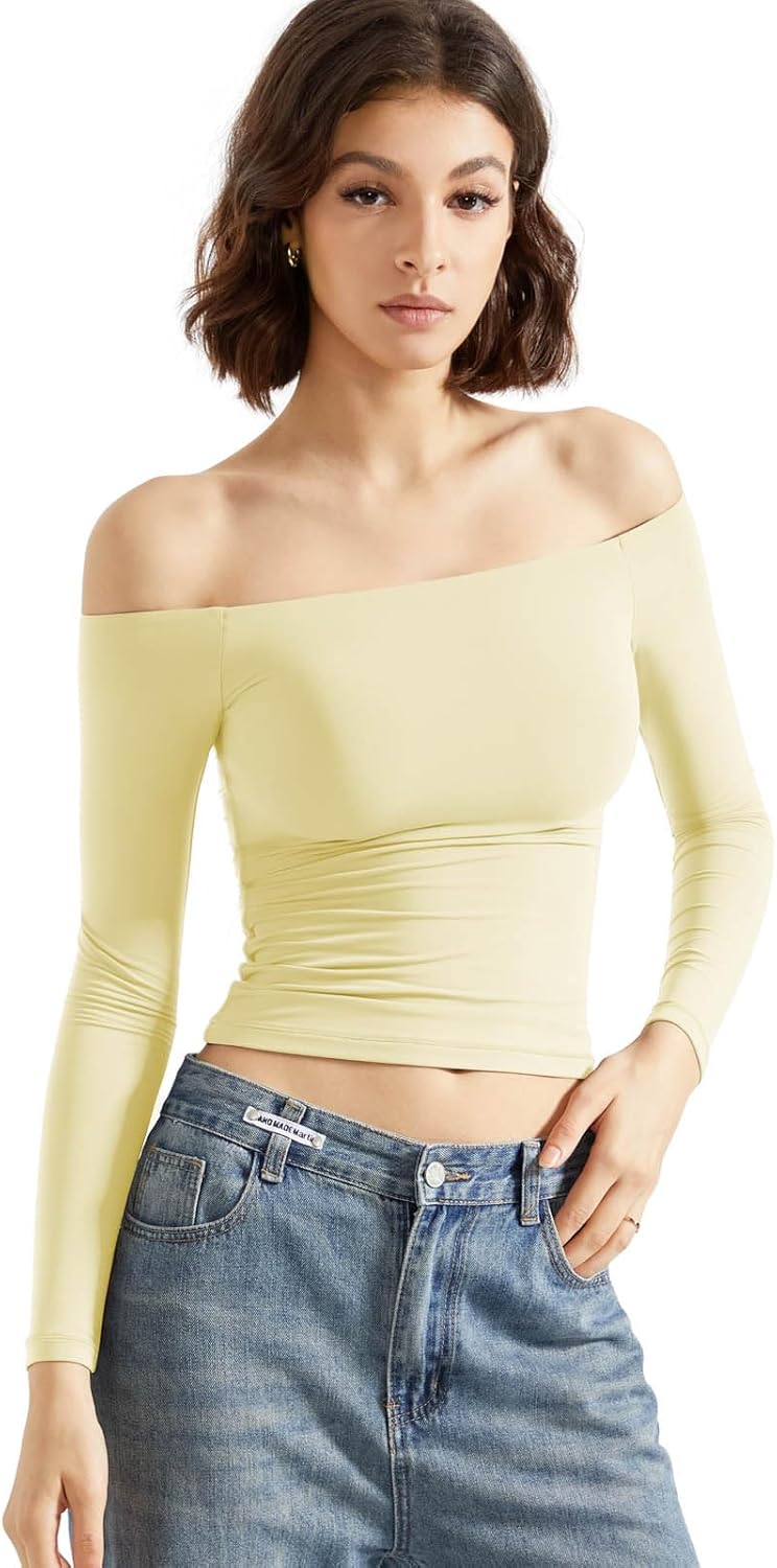 SUUKSESS Women Off Shoulder Double Lined Long Sleeve Shirts Basic Going Out Tops