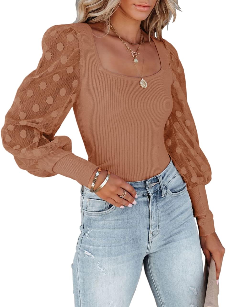 miduo Womens Tops Square Neck Polka Dot Balloon Long Sleeve Top Shirts Slim Knit Ribbed Tops Blouses