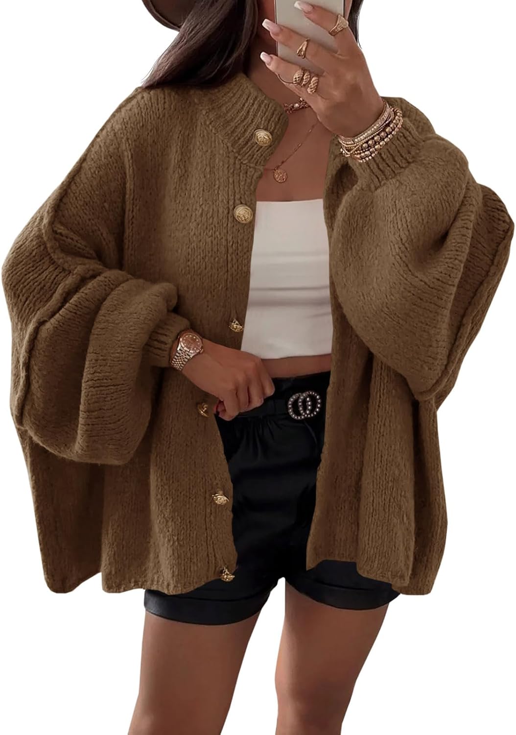 Saodimallsu Womens Oversized Cardigans Long Lantern Sleeve Button Down Chunky Knit Loose Fall Sweater Coats