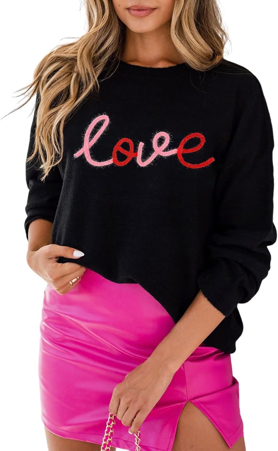 LEMAFER Women 2025 Merry Christmas Round Neck Sequin Letters Sweater Casual Solid Slogan Long Sleeve Pullover Sweatshirt Tops