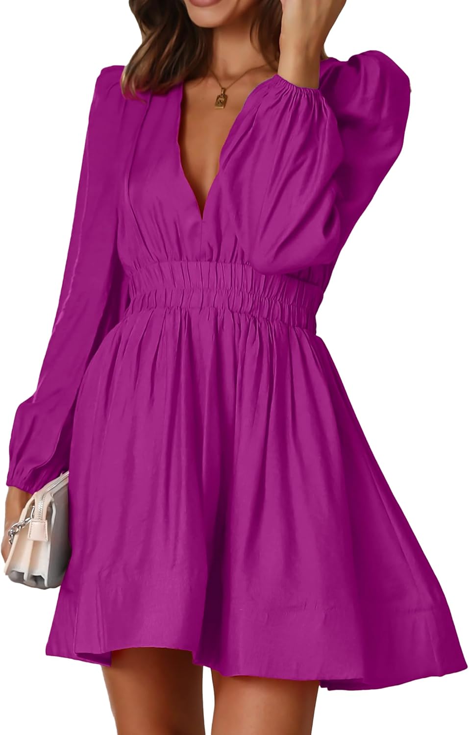 FAIABLE Mini Deep V Sexy Long Sleeve Dress for Women A-line High Waisted Casual Flowy Dress for Cocktail Wedding Guest