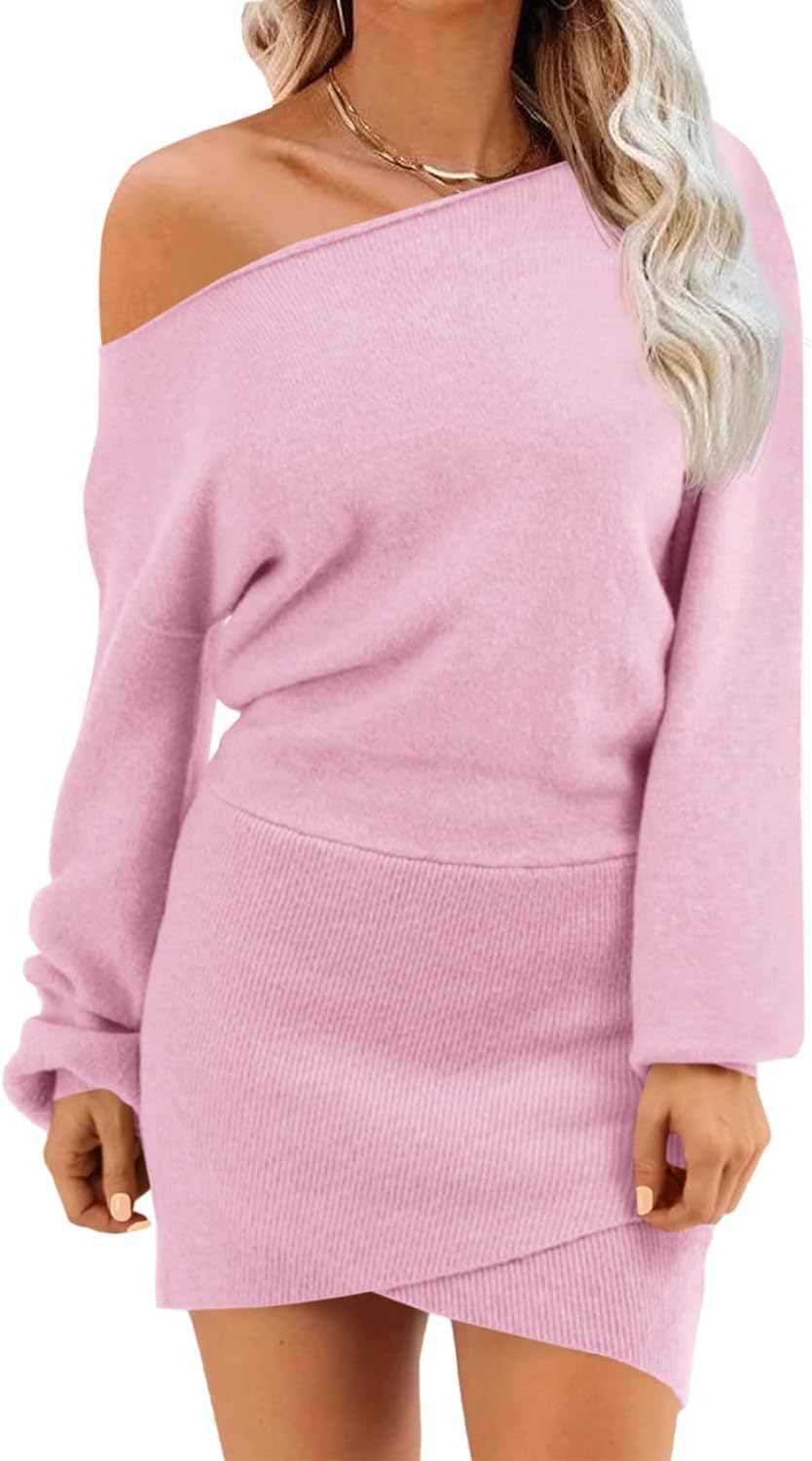 Wenrine Women's Off The Shoulder Sweater Dress 2025 Fall Winter Casual Long Sleeve Knit Slim Fit Pullover Mini Dresses