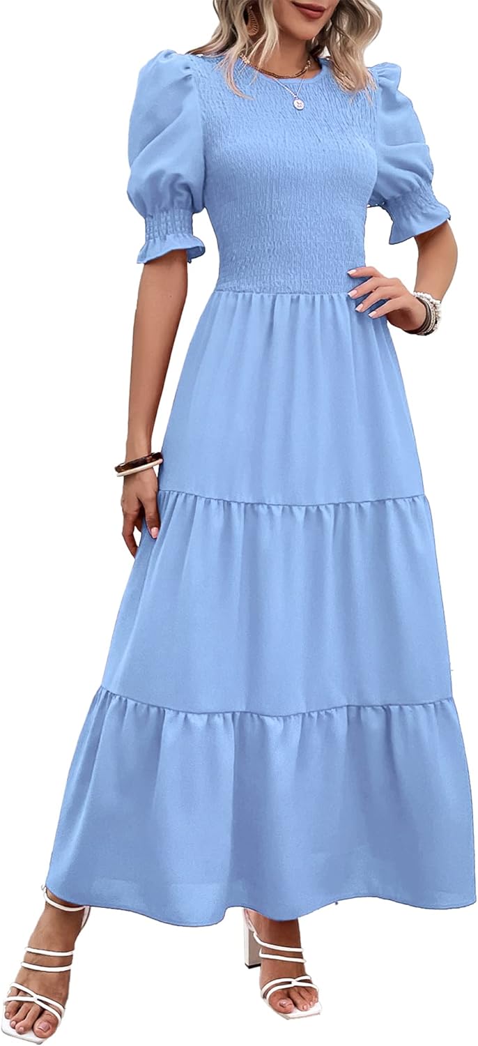BTFBM Women Casual Summer Dresses 2025 Spring Crew Neck Ruffle Short Sleeve Floral Print Smocked Boho Flowy Maxi Dress