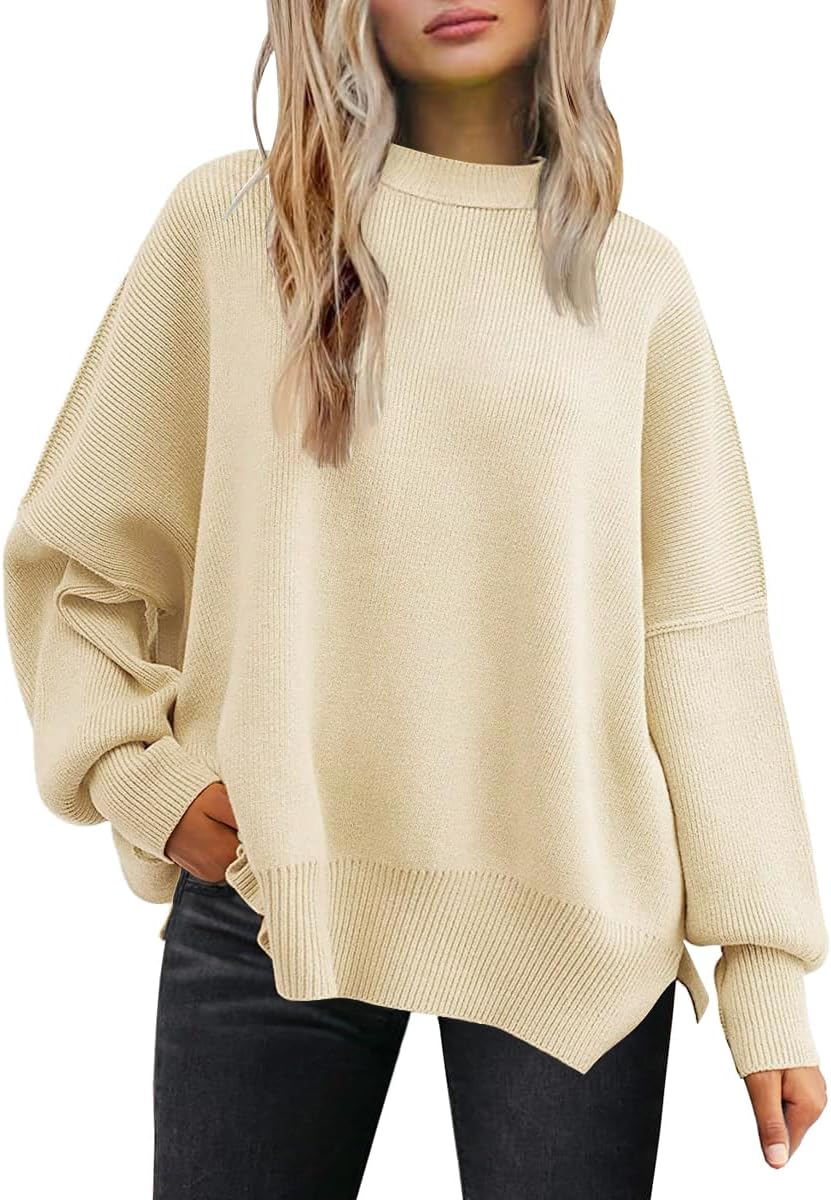 LILLUSORY Women's Oversized Batwing Sweaters 2025 Fall Outfits Trendy Crewneck Knit Side Slit Fashion Pullover Tops