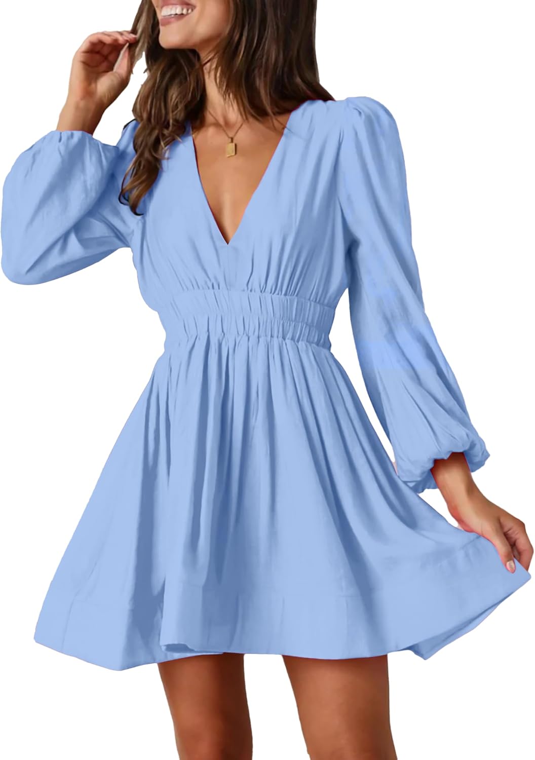 FAIABLE Mini Deep V Sexy Long Sleeve Dress for Women A-line High Waisted Casual Flowy Dress for Cocktail Wedding Guest