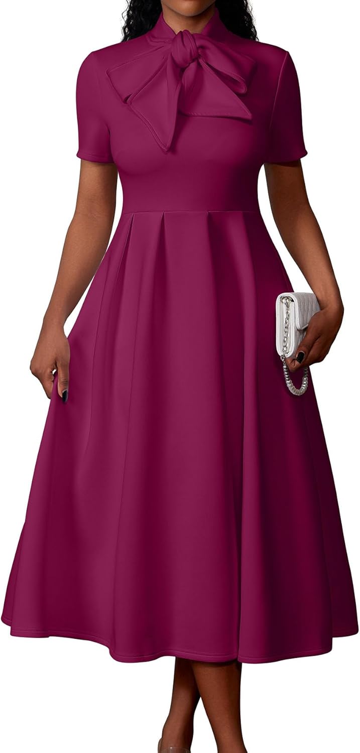 Memoriesea Women's Elegant Casual Short Sleeve Work Party A-Line Dress with Pockets