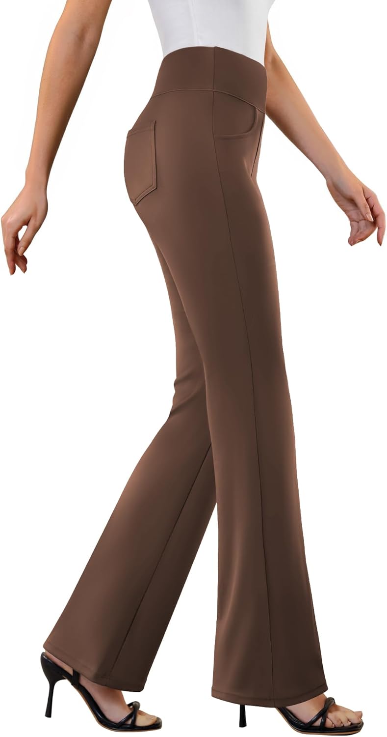 Womens Dress Pants Stretchy Work Pants Business Casual Office Trousers Pull On Flare Slacks with 4 Pockets