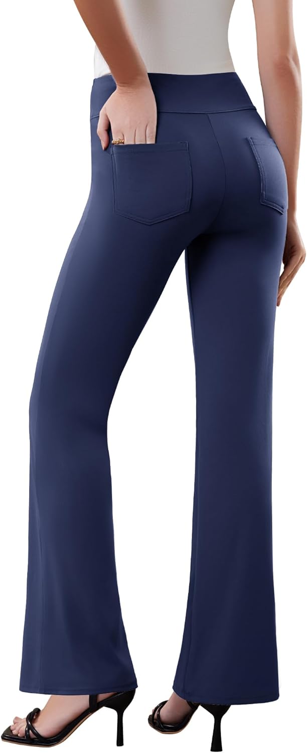 Womens Dress Pants Stretchy Work Pants Business Casual Office Trousers Pull On Flare Slacks with 4 Pockets