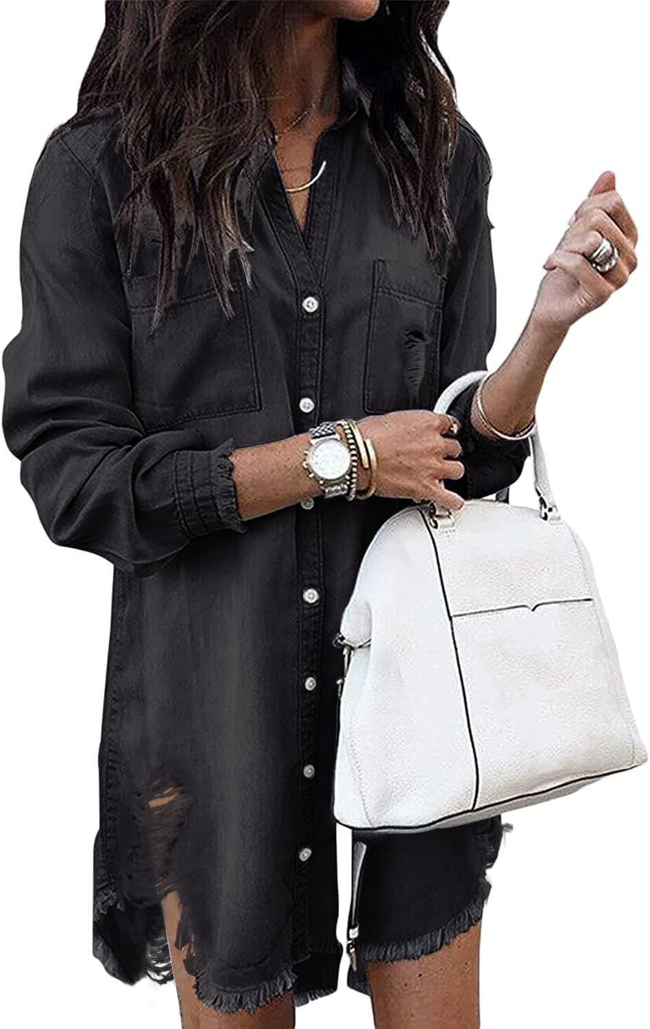 Zilcremo Women Denim Shirt Dresses Long Sleeve Distressed Jean Dress Button Down Casual Tunic Top