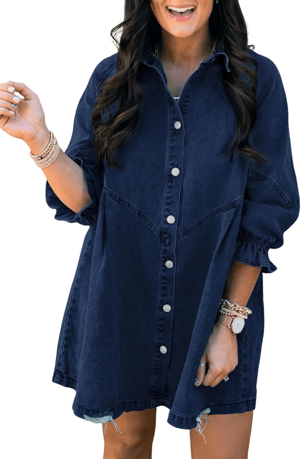 Sidefeel Womens Smocked 3 4 Sleeve Button Down Denim Jeans Dresses