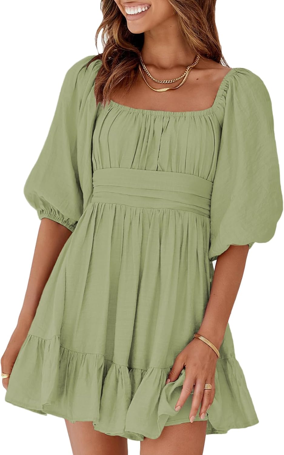 Dokotoo Womens Summer Dresses Square Neck Tie Back Lantern Sleeve Ruffle A-Line Casual Dress