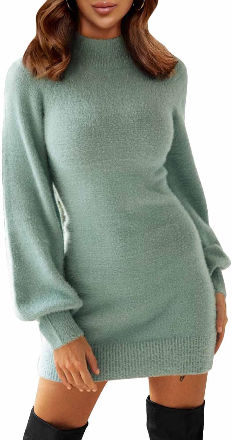 EXLURA Women's 2025 Mock Neck Ribbed Long Sleeve Bodycon Pullover Cute Mini Sweater Dress