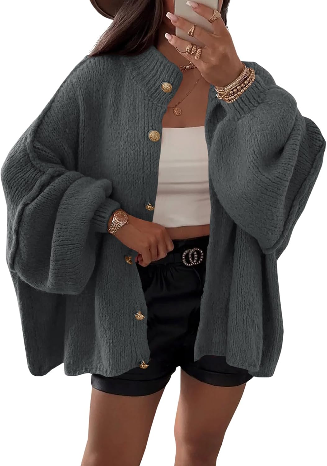 Saodimallsu Womens Oversized Cardigans Long Lantern Sleeve Button Down Chunky Knit Loose Fall Sweater Coats