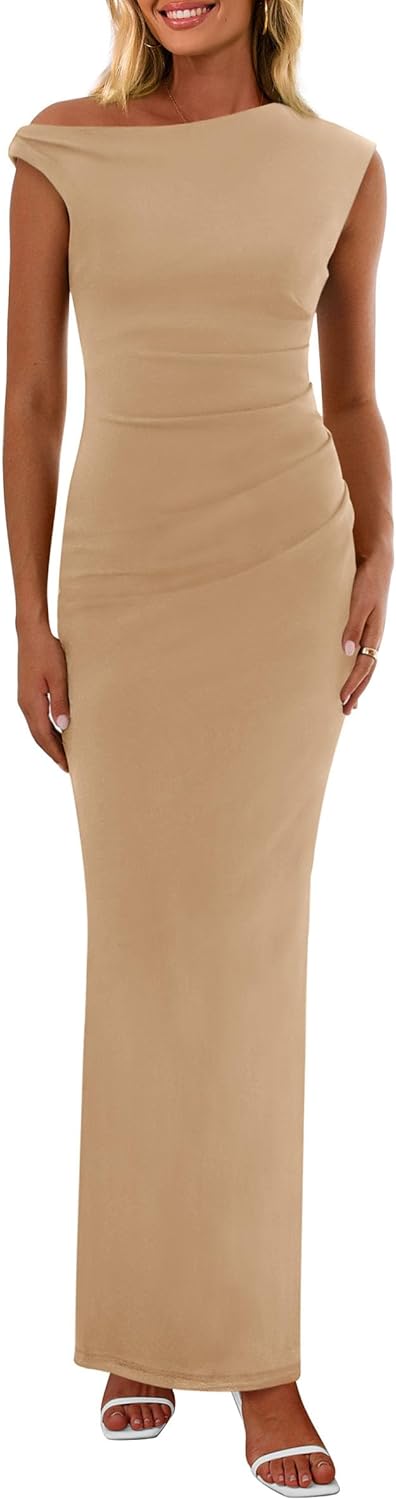 PRETTYGARDEN Women's 2025 Summer Formal Maxi Dresses Sleeveless One Shoulder Bodycon Ruched Mesh Wedding Guest Cocktail Dress