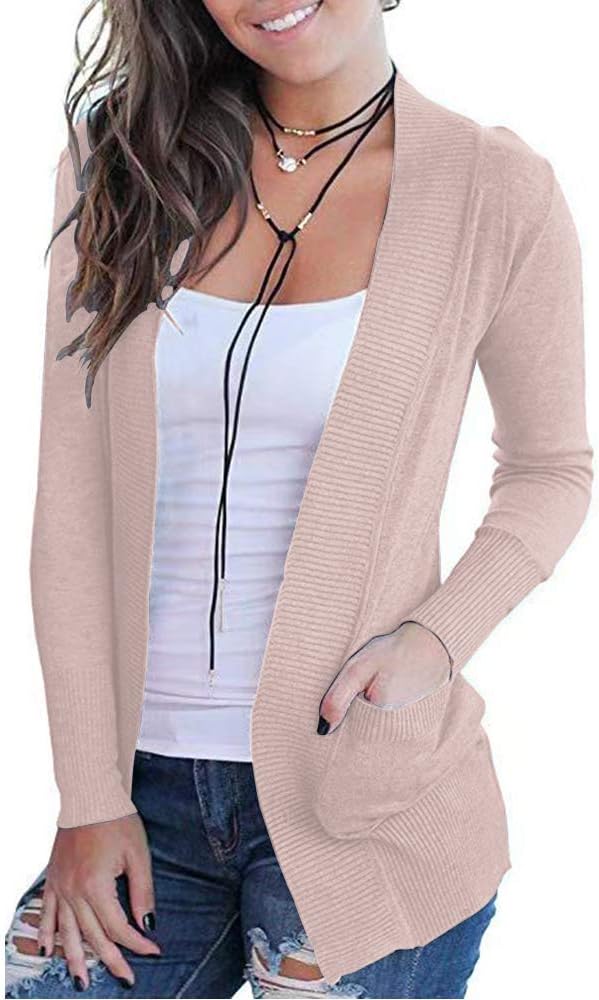 VOIANLIMO Women's Open Front Casual Long Sleeve Knit Classic Sweaters Cardigan with Pockets