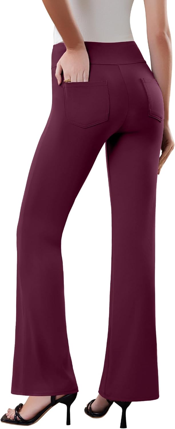 Womens Dress Pants Stretchy Work Pants Business Casual Office Trousers Pull On Flare Slacks with 4 Pockets