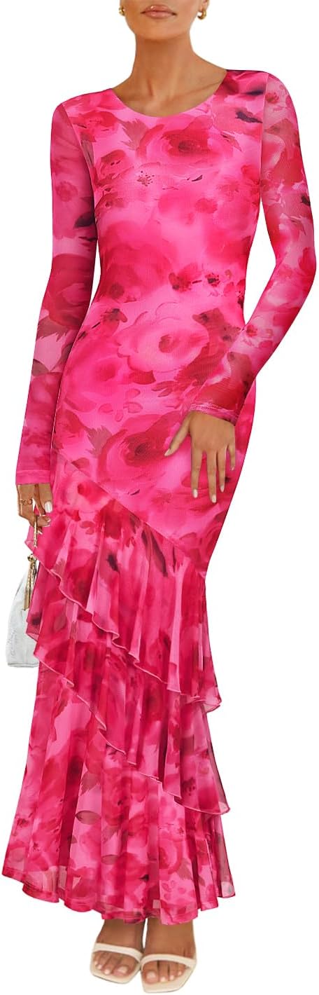 ZESICA Women's Fall Floral Wedding Guest Bodycon Dresses 2025 Long Sleeve Crewneck Mesh Ruffle Mermaid Party Maxi Dress