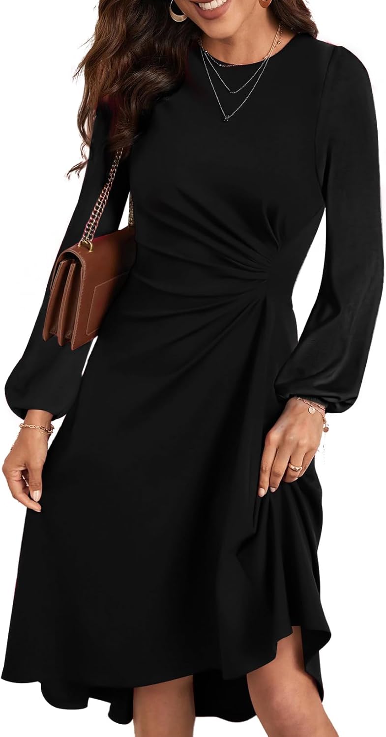 Happy Sailed Women's Long Sleeve Ruched Waist Flowy A Line High Low Midi Cocktail Party Dress