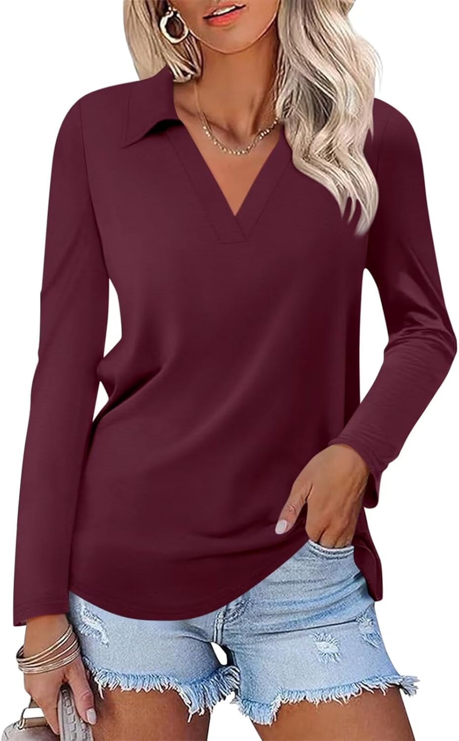 ORANDESIGNE Women's Long Sleeve Polo Shirts Casual Color Block V Neck Tops Fall Collar Ladies Tunics Tees