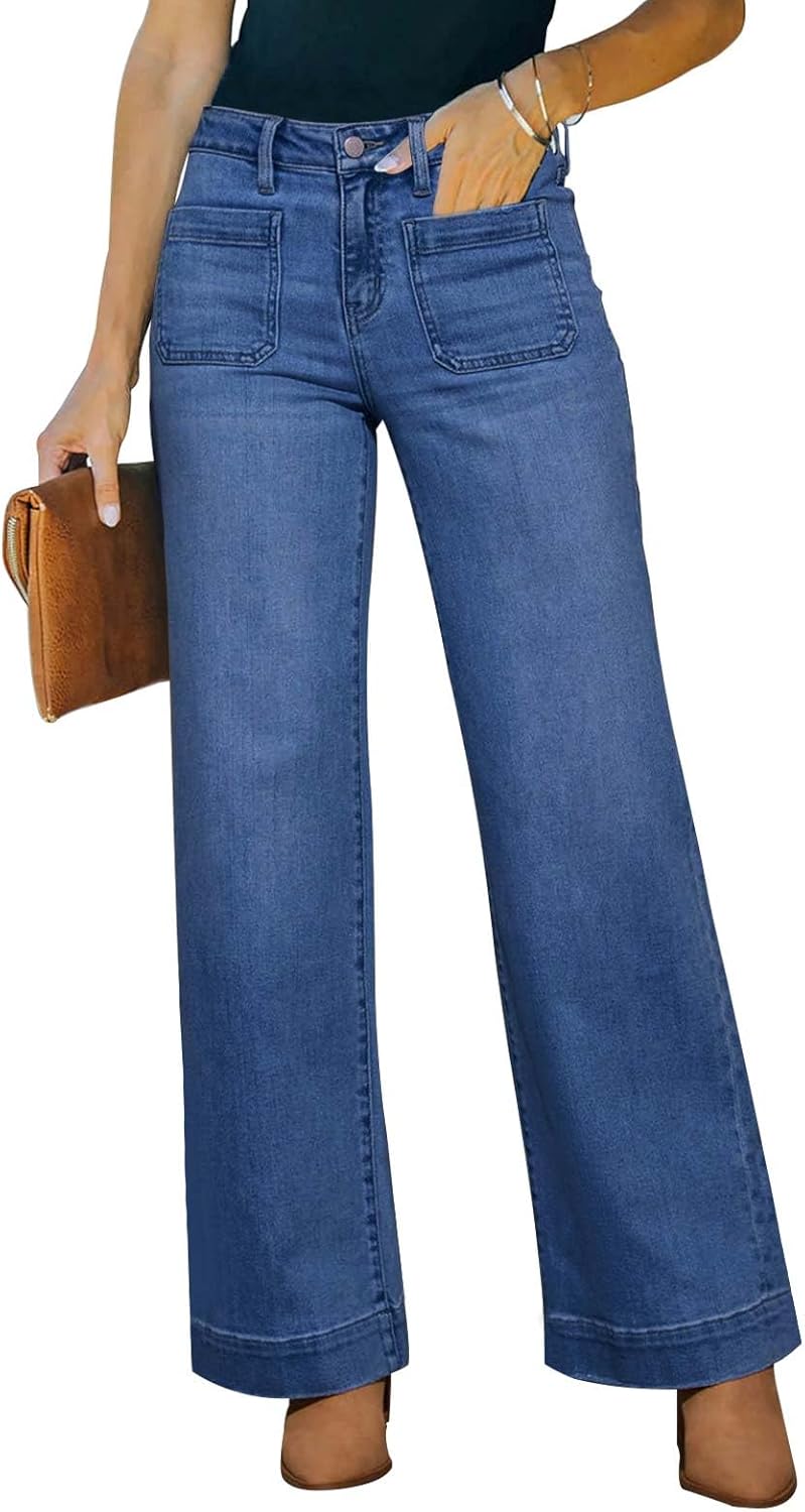 KUNMI Women's Wide Leg Jeans High Waisted Straight Leg Stretchy Denim Pants with Pockets
