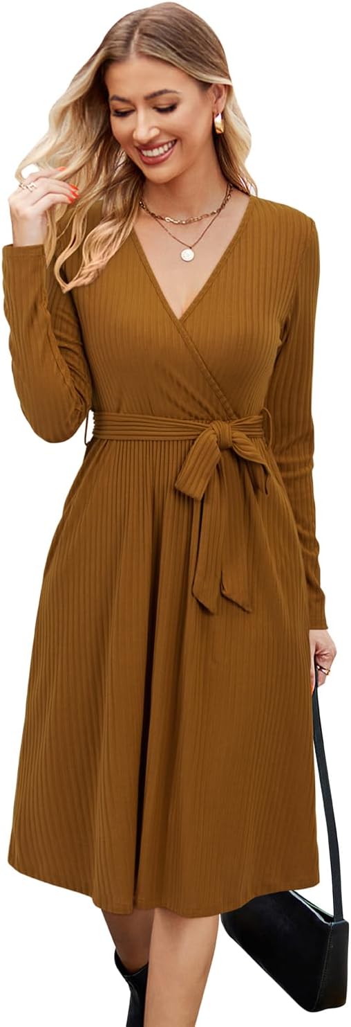 Newshows Womens 2025 Fall Dresses Teacher Church Business Casual Work Outfits Knit Midi Sweater Pockets Belt Dress