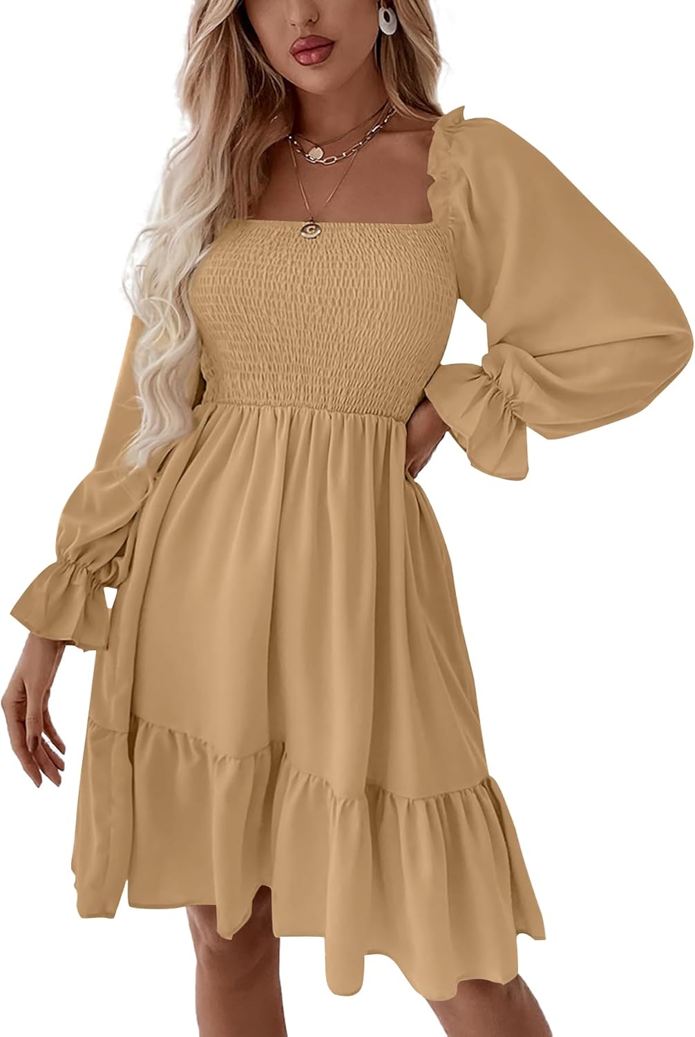 LYANER Women's Square Neck Lantern Long Sleeve Ruffle Shirred Flowy Party Mini Dress